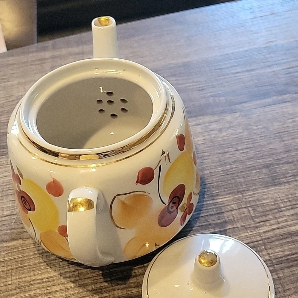Russian Floral Teapot with 24k Gold Accents/ EUC